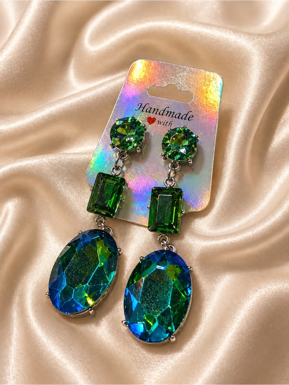 Green & Blue Crystal Drop Earrings - Statement Women's Jewelry